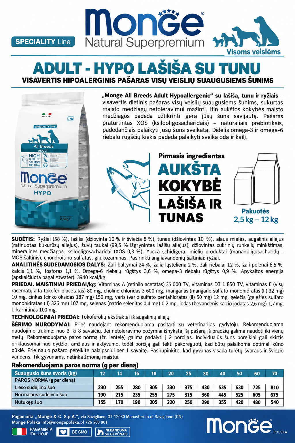 Monge Dry Dog Spec. Line - All Breeds Adult Hypoallergenic Salmon&Tuna 12 kg